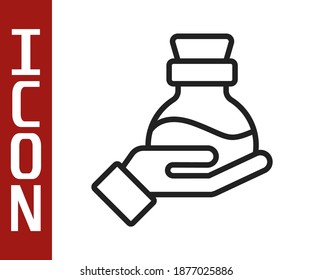 Black line Bottle with potion icon isolated on white background. Flask with magic potion. Happy Halloween party.  Vector