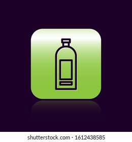 Black line Bottle of shampoo icon isolated on black background. Green square button. Vector Illustration