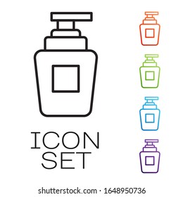 Schwarze Flasche Shampoo Symbol einzeln auf weißem Hintergrund. Symbole bunt festlegen. Vektorillustration-Illustration