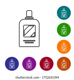 Black line Bottle of shampoo icon isolated on white background. Set icons in color circle buttons. Vector Illustration