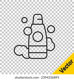 Botella de la línea negra del icono del champú aislado en un fondo transparente.  Vector