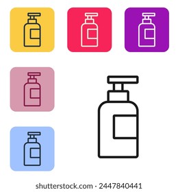 Línea negra Botella de icono de champú aislado sobre fondo blanco. Establecer iconos en Botones cuadrados de color. Vector