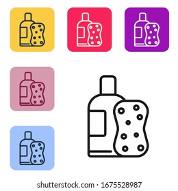 Black line Bottle of shampoo and sponge icon isolated on white background. Set icons in color square buttons. Vector Illustration