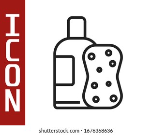 Black line Bottle of shampoo and sponge icon isolated on white background.  Vector Illustration