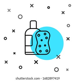 Black line Bottle of shampoo and sponge icon isolated on white background. Random dynamic shapes. Vector Illustration