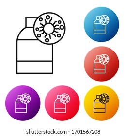 Schwarze Flasche mit Virus und Bakterien Symbol einzeln auf weißem Hintergrund. Analyse des Mikroorganismus, Forschung, Diagnose. Stellen Sie die Symbole bunter Kreis-Schaltflächen ein. Vektorillustration-Illustration