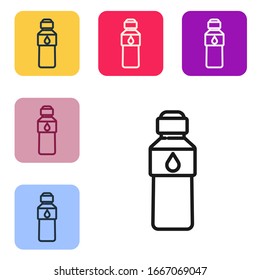 Black line Bottle of water icon isolated on white background. Soda aqua drink sign. Set icons in color square buttons. Vector Illustration