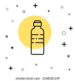 Black line Bottle of water icon isolated on white background. Soda aqua drink sign. Random dynamic shapes. Vector Illustration