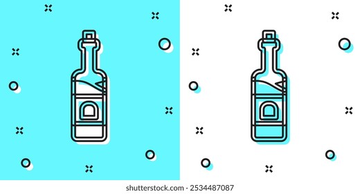Linha preta Ícone da garrafa de vinho isolado no fundo verde e branco. Formas dinâmicas aleatórias. Vetor