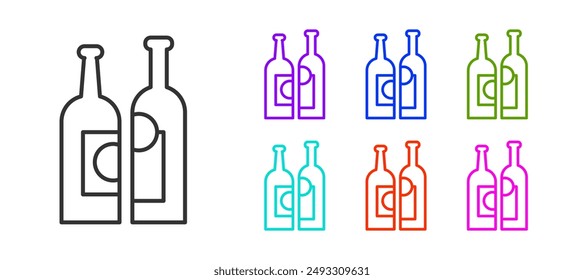 Línea negra Botellas de icono de vino aisladas sobre fondo blanco. Establecer iconos coloridos. Ilustración vectorial