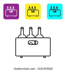 Black line Bottles of wine in a wooden box icon isolated on white background. Wine bottles in a wooden crate icon. Set icons colorful square buttons. Vector Illustration