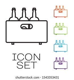 Black line Bottles of wine in a wooden box icon isolated on white background. Wine bottles in a wooden crate icon. Set icons colorful. Vector Illustration