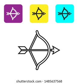 Black line Bow and arrow icon isolated on white background. Cupid symbol. Love sign. Valentines day concept. Set icons colorful square buttons. Vector Illustration