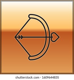 Black line Bow and arrow icon isolated on gold background. Cupid symbol. Love sign. Valentines day concept.  Vector Illustration