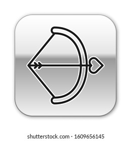 Black line Bow and arrow icon isolated on white background. Cupid symbol. Love sign. Valentines day concept. Silver square button. Vector Illustration