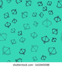 Black line Bow and arrow icon isolated seamless pattern on green background. Cupid symbol. Love sign. Valentines day concept.  Vector Illustration