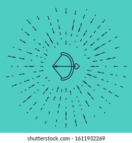 Black line Bow and arrow icon isolated on green background. Cupid symbol. Love sign. Valentines day concept. Abstract circle random dots. Vector Illustration