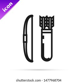 Black line Bow and arrow in quiver icon isolated on white background.  Vector Illustration