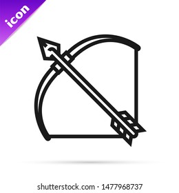 Black line Bow and arrow in quiver icon isolated on white background.  Vector Illustration