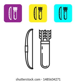 Black line Bow and arrow in quiver icon isolated on white background. Set icons colorful square buttons. Vector Illustration
