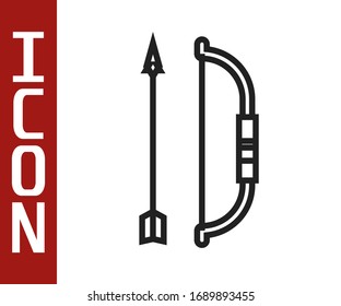 Black line Bow and arrow in quiver icon isolated on white background.  Vector Illustration
