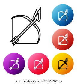 Black line Bow and fire arrow icon isolated on white background. Set icons colorful circle buttons. Vector Illustration