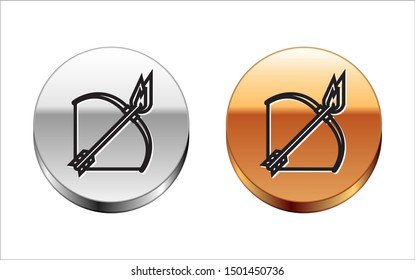 Black line Bow and fire arrow icon isolated on white background. Silver-gold circle button. Vector Illustration