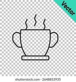 Black line Bowl of hot soup icon isolated on transparent background.  Vector