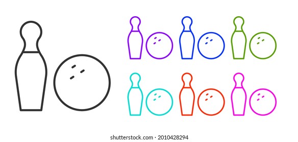 Black line Bowling pin and ball icon isolated on white background. Sport equipment. Set icons colorful. Vector
