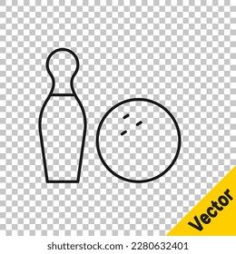 Black line Bowling pin and ball icon isolated on transparent background. Sport equipment.  Vector
