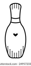 Black line bowling pin with dots and heart. Vector monochrome illustration, editable stroke