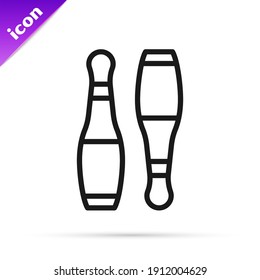 Black line Bowling pin icon isolated on white background. Juggling clubs, circus skittles.  Vector