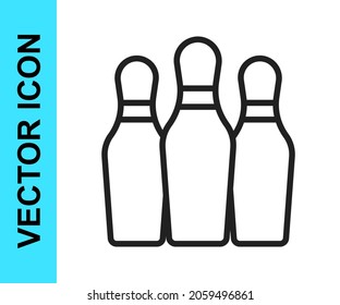 Black line Bowling pin icon isolated on white background. Juggling clubs, circus skittles.  Vector