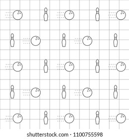 Black line bowling set icon over black line grid. Vector illustration. Seamless pattern. Line art.