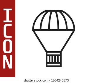 Black line Box flying on parachute icon isolated on white background. Parcel with parachute for shipping. Delivery service, air shipping.  Vector Illustration
