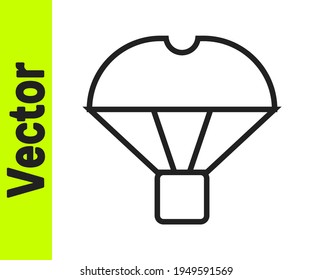 Black line Box flying on parachute icon isolated on white background. Parcel with parachute for shipping. Delivery service, air shipping.  Vector