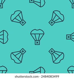 Línea negra Caja volando en el icono del paracaídas aislado patrón sin fisuras en el fondo verde. Paquete con paracaídas para el envío. Servicio de entrega, envío aéreo.  Vector