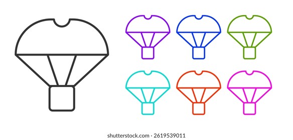Black line Box flying on parachute icon isolated on white background. Parcel with parachute for shipping. Delivery service, air shipping. Set icons colorful. Vector