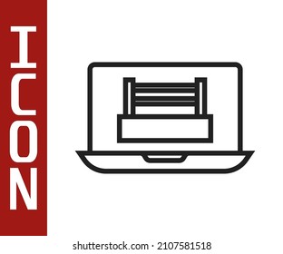 Black Line Boxing Ring Show At Laptop Icon Isolated On White Background.  Vector