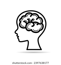Black line brain in head human doodle icon outline flat vector design