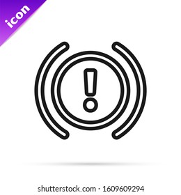 Black line Brake system warning icon isolated on white background. Exclamation mark in the car. Dashboard attention sign.  Vector Illustration
