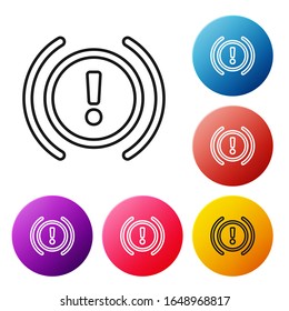 Icono de advertencia del sistema de frenos de línea negra aislado en fondo blanco. Marca de exclamación en el camión. Señal de atención del panel. Establezca los iconos de los botones de círculo coloridos.  Ilustración vectorial