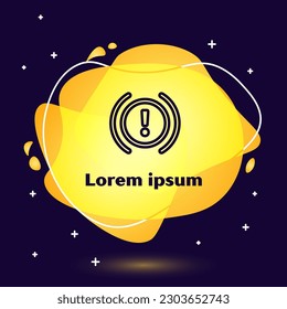 Icono de advertencia del sistema de frenos de línea negra aislado en fondo azul. Marca de exclamación en el auto. Señal de atención del panel. Pancarta abstracta con formas líquidas. Ilustración vectorial