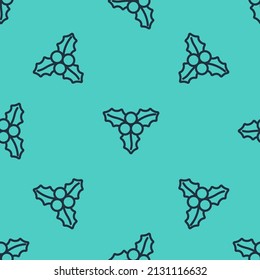 Black line Branch viburnum or guelder rose icon isolated seamless pattern on green background. Merry Christmas and Happy New Year.  Vector