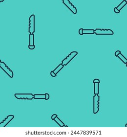 Black line Bread knife icon isolated seamless pattern on green background. Cutlery symbol.  Vector