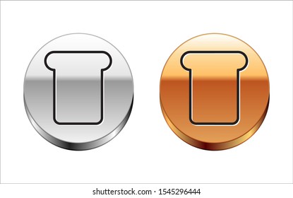 Black line Bread toast for sandwich piece of roasted crouton icon isolated on white background. Lunch, dinner, breakfast snack. Silver-gold circle button. Vector Illustration