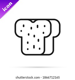 Black line Bread toast for sandwich piece of roasted crouton icon isolated on white background. Lunch, dinner, breakfast snack.  Vector