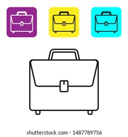 Black line Briefcase icon isolated on white background. Business case sign. Business portfolio. Set icons colorful square buttons. Vector Illustration