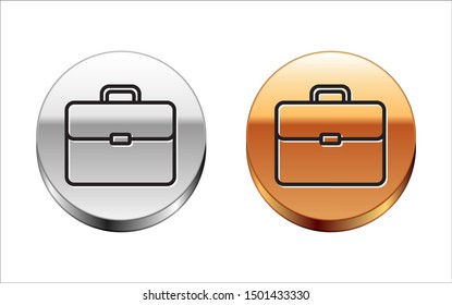 Black line Briefcase icon isolated on white background. Business case sign. Business portfolio.  Silver-gold circle button. Vector Illustration