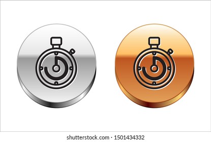 Black line Briefcase icon isolated on white background. Business case sign. Business portfolio. Silver-gold circle button. Vector Illustration